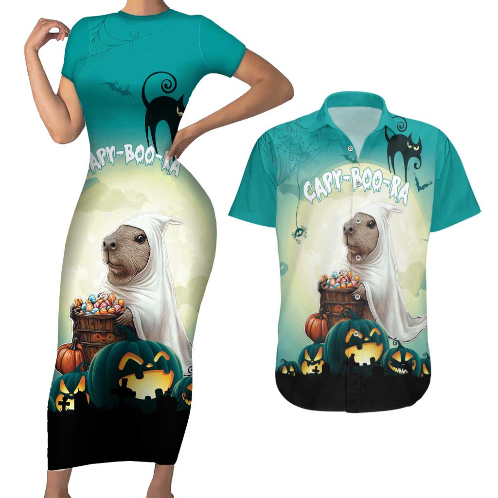 Capy-Boo-Ra Halloween Couples Matching Short Sleeve Bodycon Dress and Hawaiian Shirt Spooky Halloween Night With Pumpkins - Wonder Print Shop