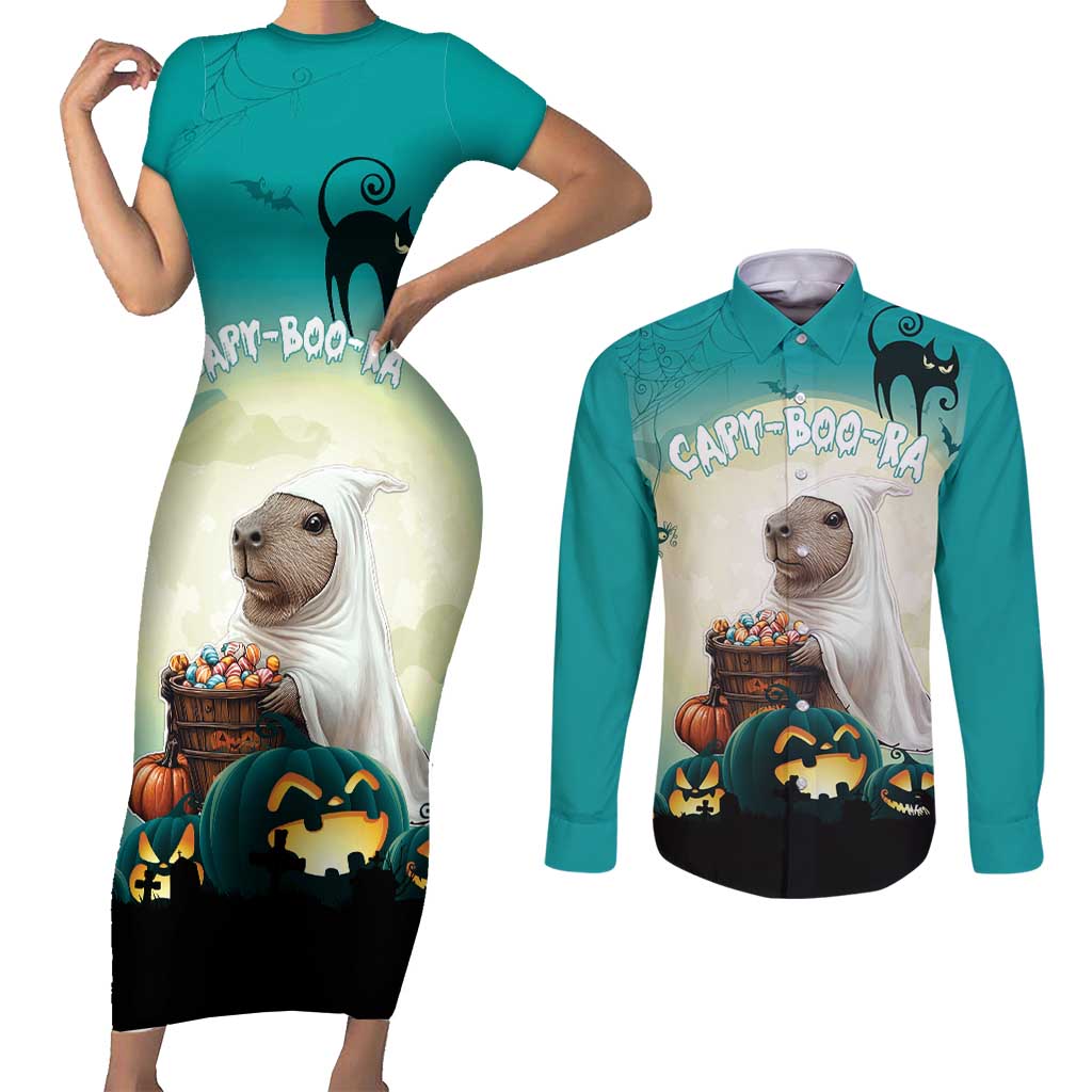Capy-Boo-Ra Halloween Couples Matching Short Sleeve Bodycon Dress and Long Sleeve Button Shirt Spooky Halloween Night With Pumpkins - Wonder Print Shop