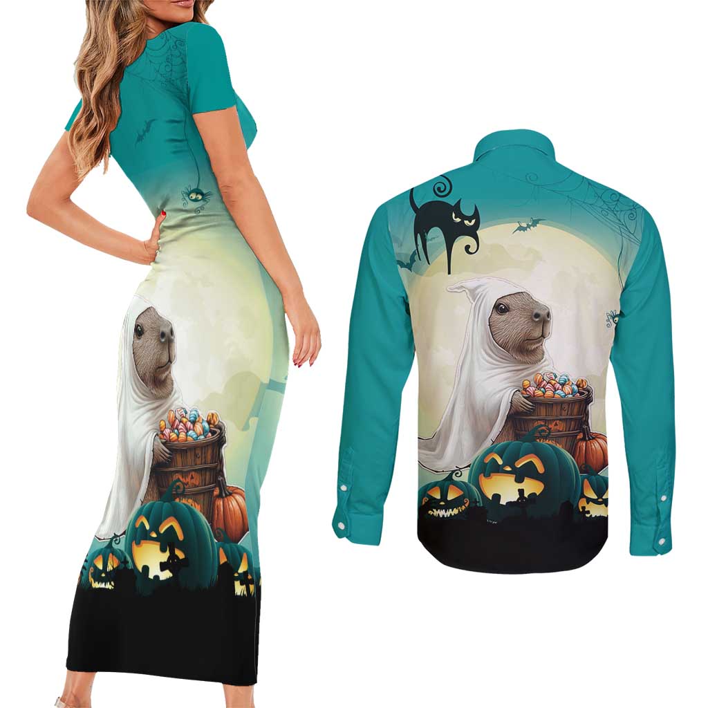 Capy-Boo-Ra Halloween Couples Matching Short Sleeve Bodycon Dress and Long Sleeve Button Shirt Spooky Halloween Night With Pumpkins - Wonder Print Shop