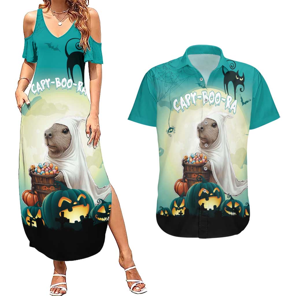 Capy-Boo-Ra Halloween Couples Matching Summer Maxi Dress and Hawaiian Shirt Spooky Halloween Night With Pumpkins - Wonder Print Shop