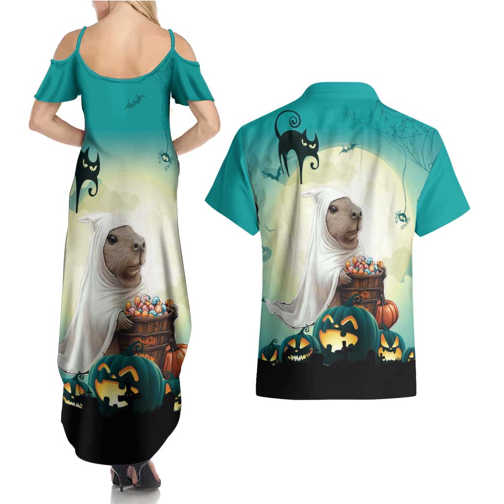 Capy-Boo-Ra Halloween Couples Matching Summer Maxi Dress and Hawaiian Shirt Spooky Halloween Night With Pumpkins - Wonder Print Shop