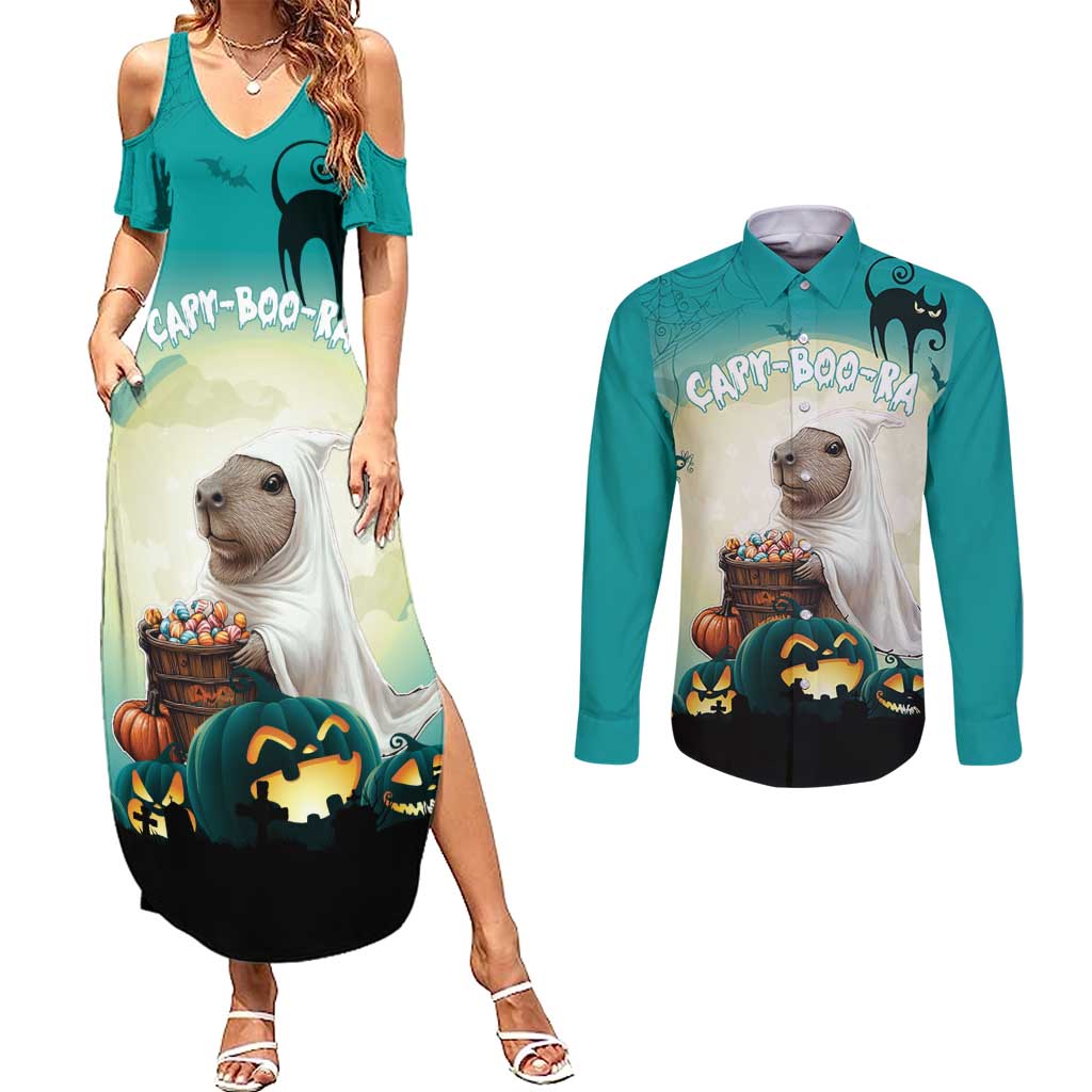 Capy-Boo-Ra Halloween Couples Matching Summer Maxi Dress and Long Sleeve Button Shirt Spooky Halloween Night With Pumpkins - Wonder Print Shop