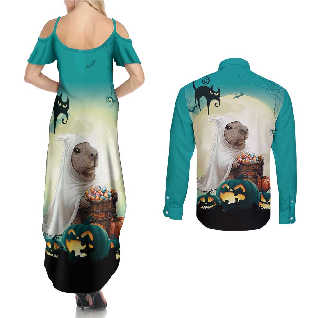 Capy-Boo-Ra Halloween Couples Matching Summer Maxi Dress and Long Sleeve Button Shirt Spooky Halloween Night With Pumpkins - Wonder Print Shop