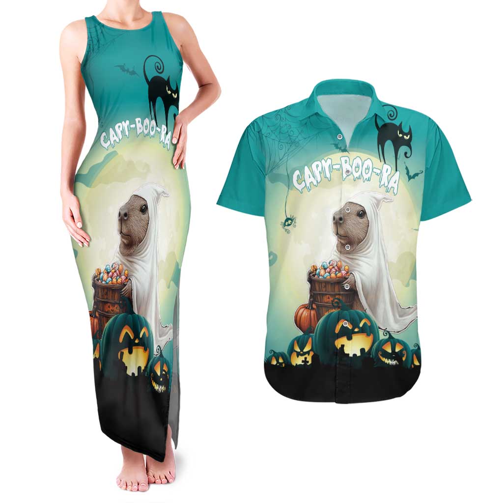 Capy-Boo-Ra Halloween Couples Matching Tank Maxi Dress and Hawaiian Shirt Spooky Halloween Night With Pumpkins - Wonder Print Shop