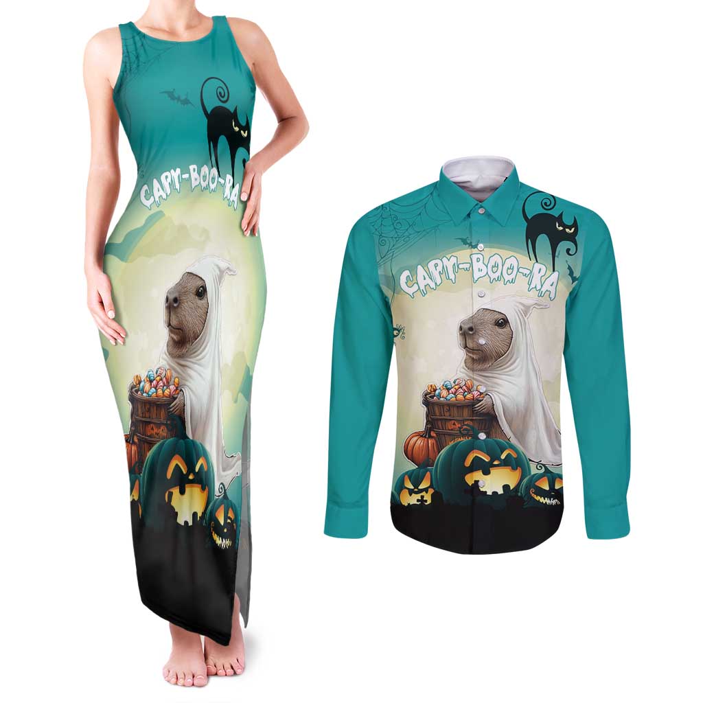 Capy-Boo-Ra Halloween Couples Matching Tank Maxi Dress and Long Sleeve Button Shirt Spooky Halloween Night With Pumpkins - Wonder Print Shop