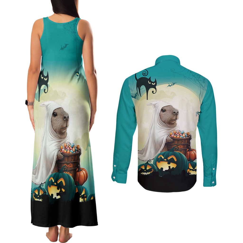Capy-Boo-Ra Halloween Couples Matching Tank Maxi Dress and Long Sleeve Button Shirt Spooky Halloween Night With Pumpkins - Wonder Print Shop