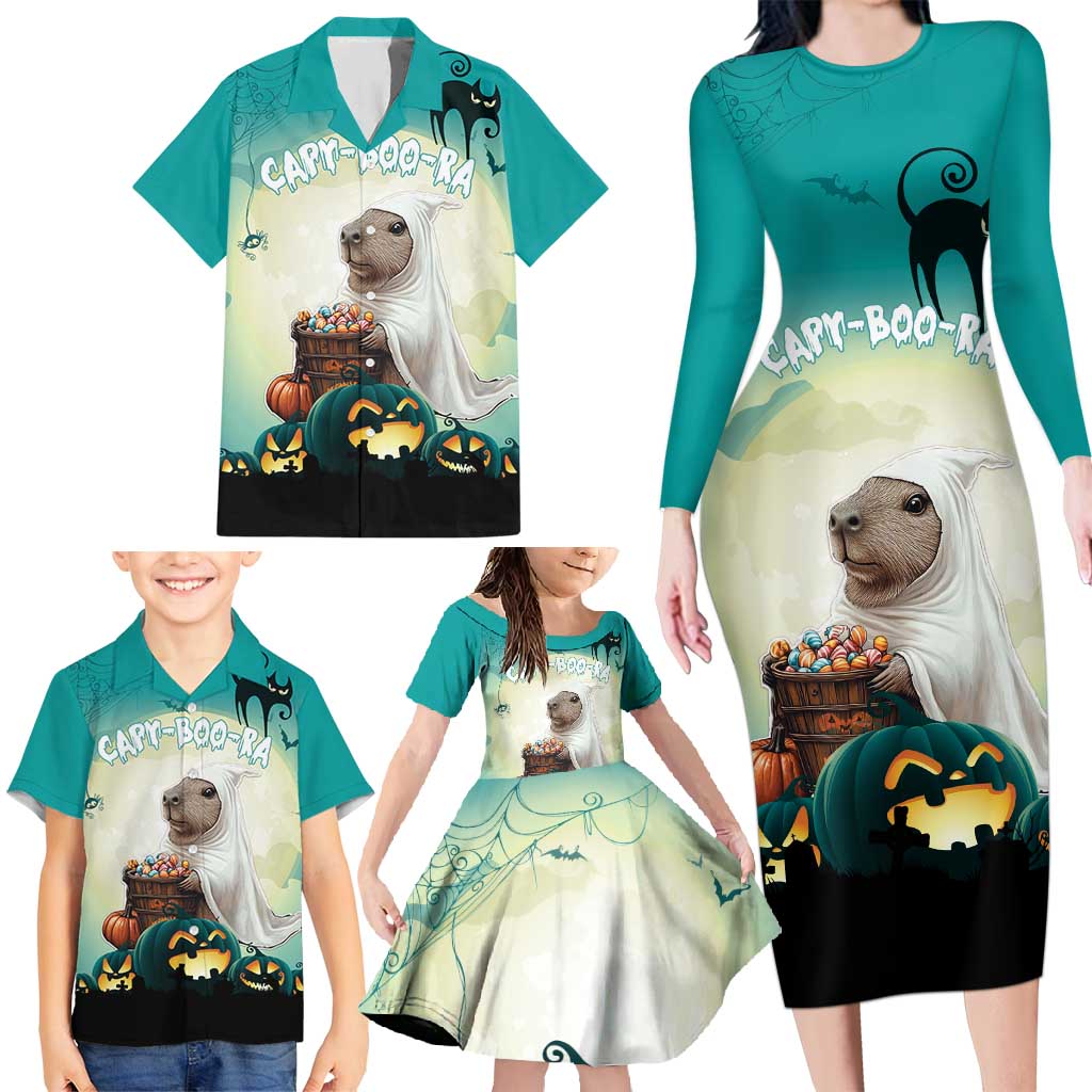 Capy-Boo-Ra Halloween Family Matching Long Sleeve Bodycon Dress and Hawaiian Shirt Spooky Halloween Night With Pumpkins - Wonder Print Shop
