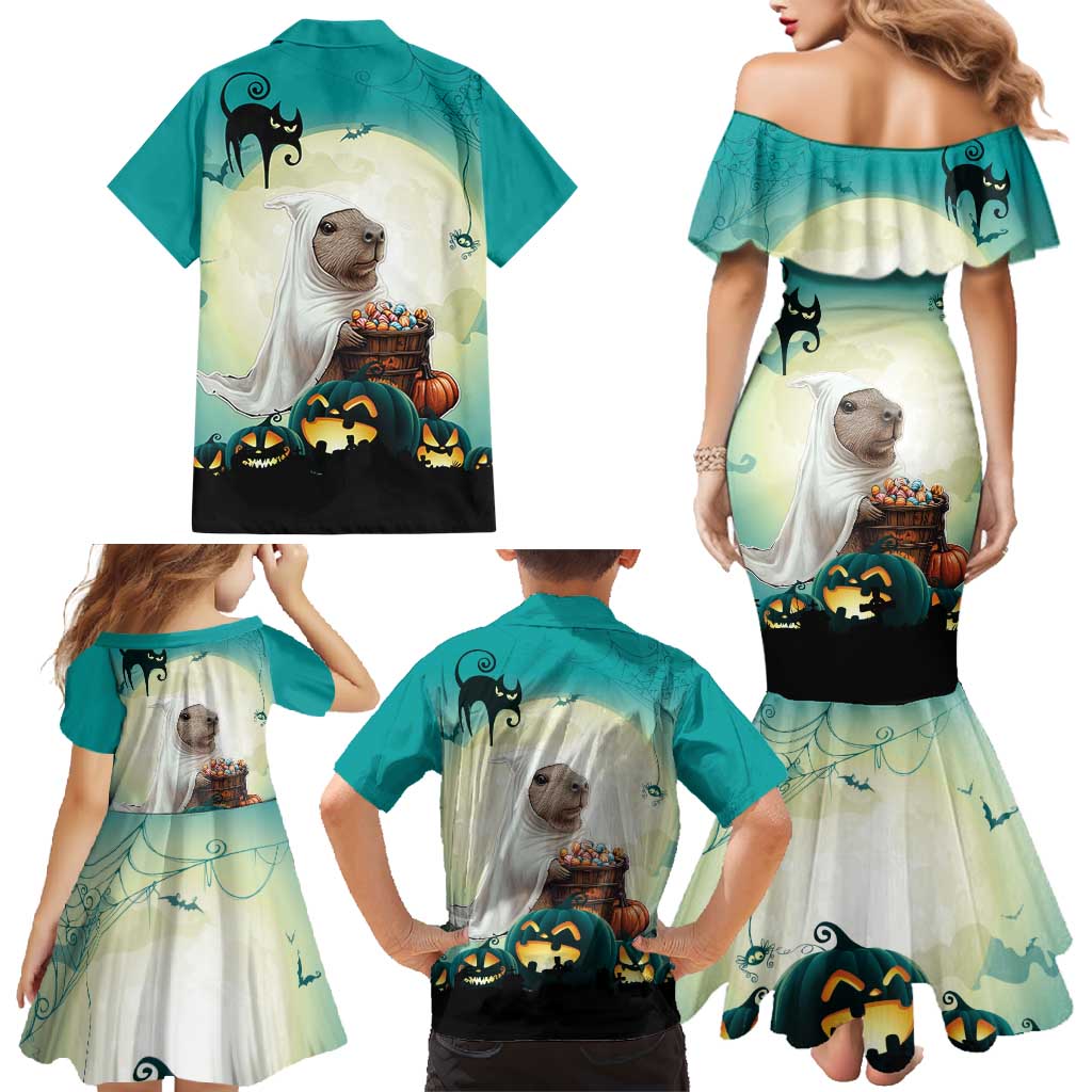 Capy-Boo-Ra Halloween Family Matching Mermaid Dress and Hawaiian Shirt Spooky Halloween Night With Pumpkins - Wonder Print Shop