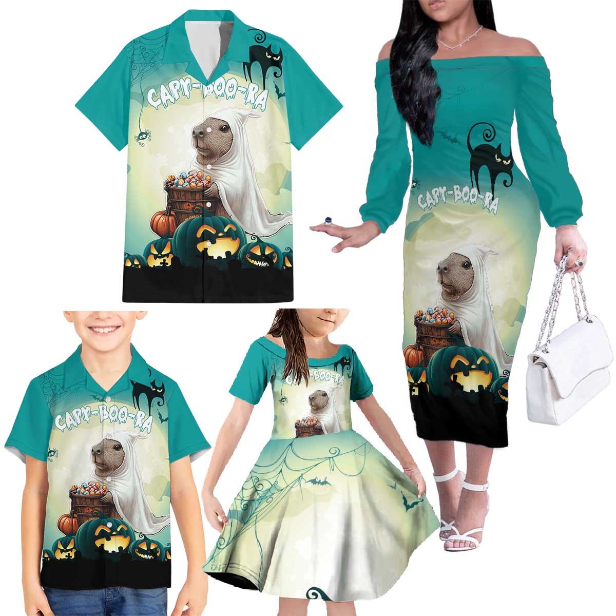 Capy-Boo-Ra Halloween Family Matching Off The Shoulder Long Sleeve Dress and Hawaiian Shirt Spooky Halloween Night With Pumpkins - Wonder Print Shop