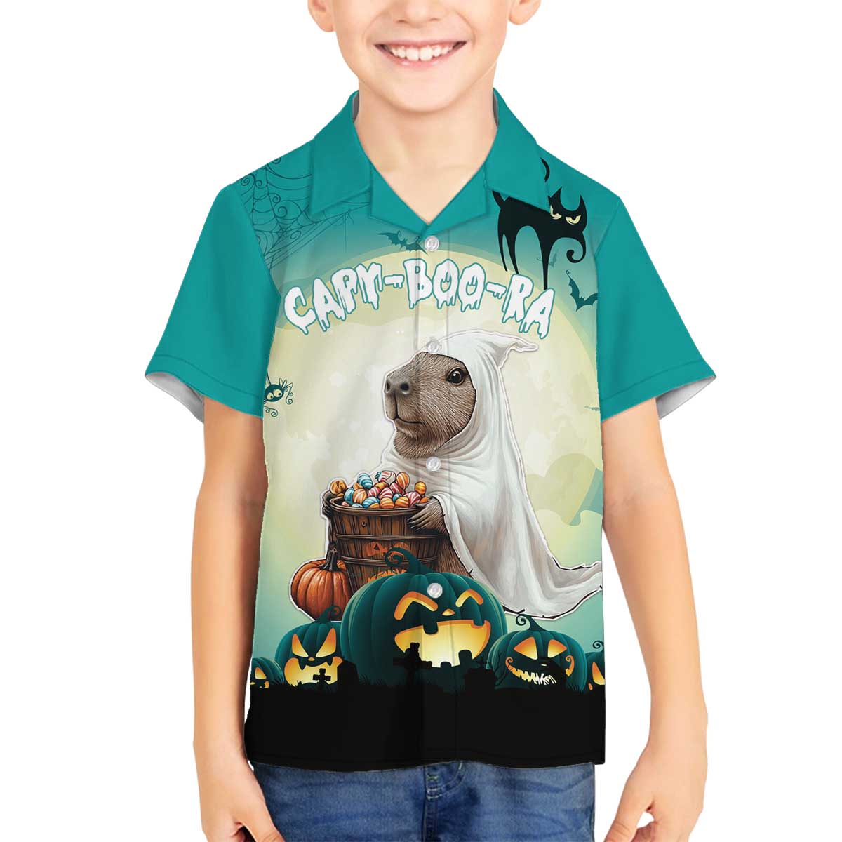 Capy-Boo-Ra Halloween Family Matching Off The Shoulder Long Sleeve Dress and Hawaiian Shirt Spooky Halloween Night With Pumpkins - Wonder Print Shop