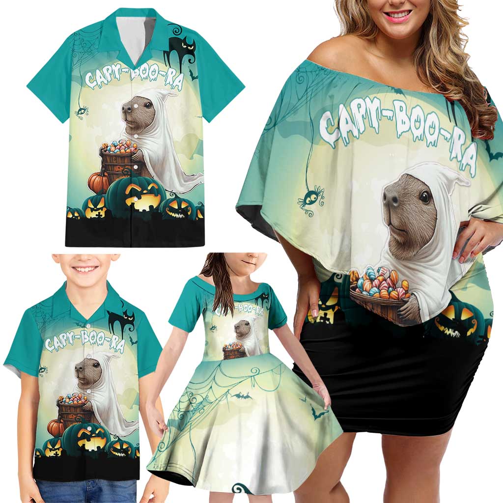 Capy-Boo-Ra Halloween Family Matching Off Shoulder Short Dress and Hawaiian Shirt Spooky Halloween Night With Pumpkins - Wonder Print Shop