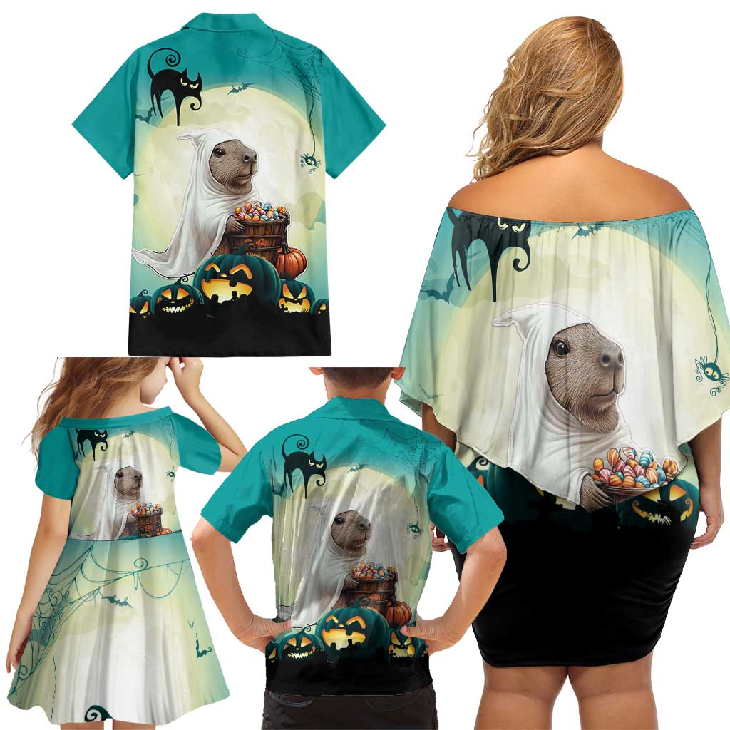 Capy-Boo-Ra Halloween Family Matching Off Shoulder Short Dress and Hawaiian Shirt Spooky Halloween Night With Pumpkins - Wonder Print Shop