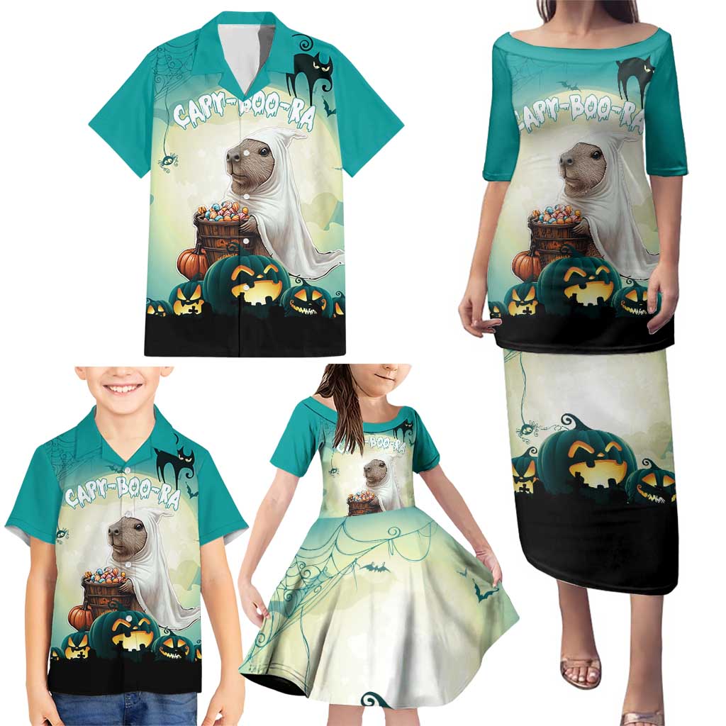 Capy-Boo-Ra Halloween Family Matching Puletasi and Hawaiian Shirt Spooky Halloween Night With Pumpkins - Wonder Print Shop