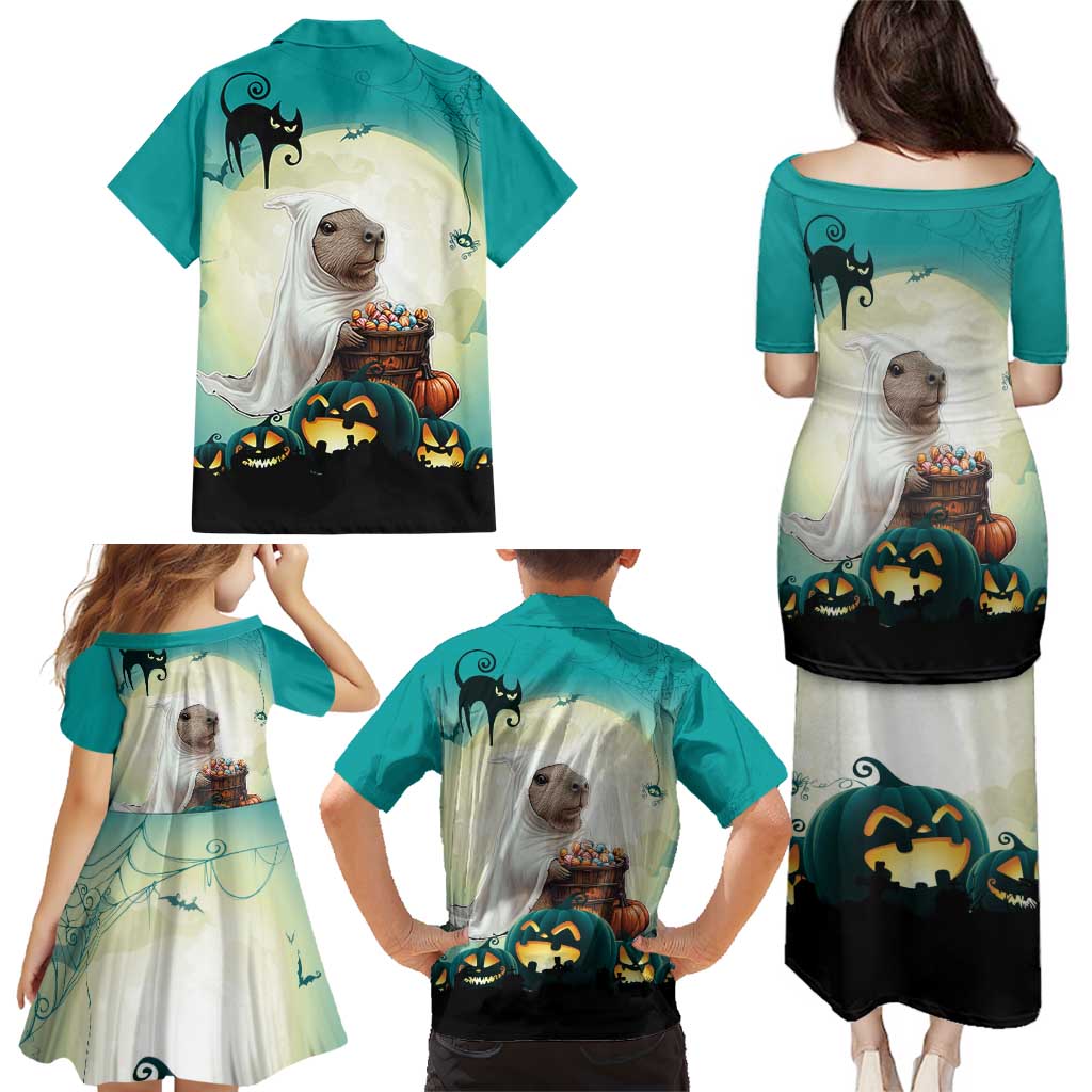 Capy-Boo-Ra Halloween Family Matching Puletasi and Hawaiian Shirt Spooky Halloween Night With Pumpkins - Wonder Print Shop