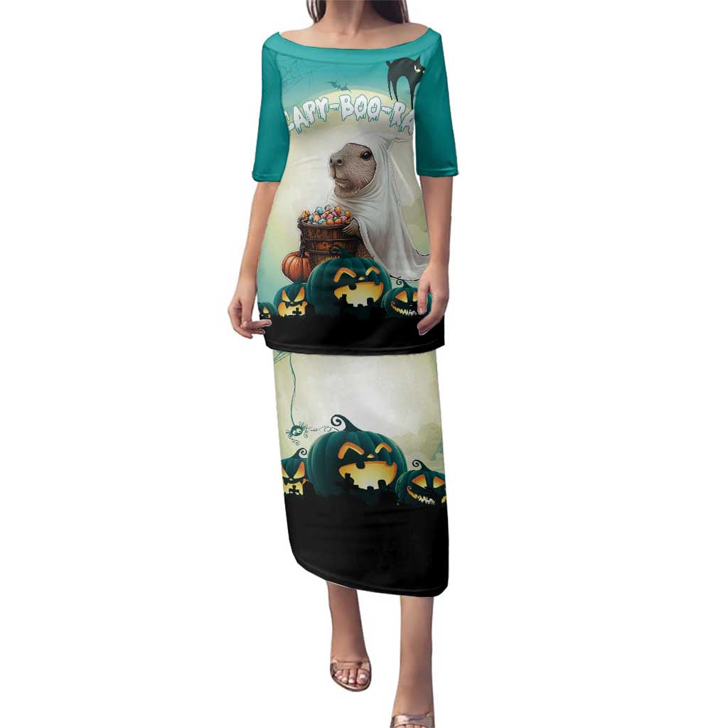 Capy-Boo-Ra Halloween Family Matching Puletasi and Hawaiian Shirt Spooky Halloween Night With Pumpkins - Wonder Print Shop