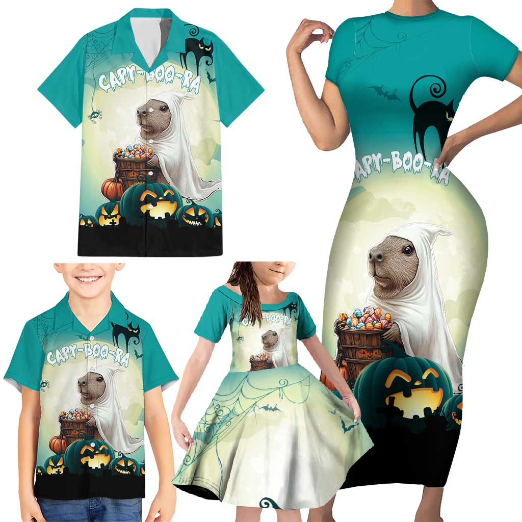 Capy-Boo-Ra Halloween Family Matching Short Sleeve Bodycon Dress and Hawaiian Shirt Spooky Halloween Night With Pumpkins - Wonder Print Shop