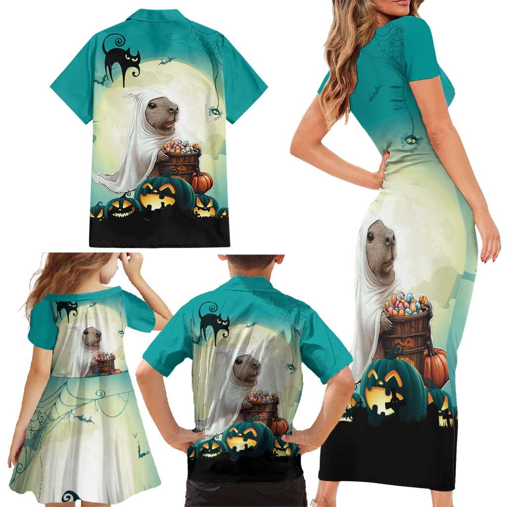 Capy-Boo-Ra Halloween Family Matching Short Sleeve Bodycon Dress and Hawaiian Shirt Spooky Halloween Night With Pumpkins - Wonder Print Shop