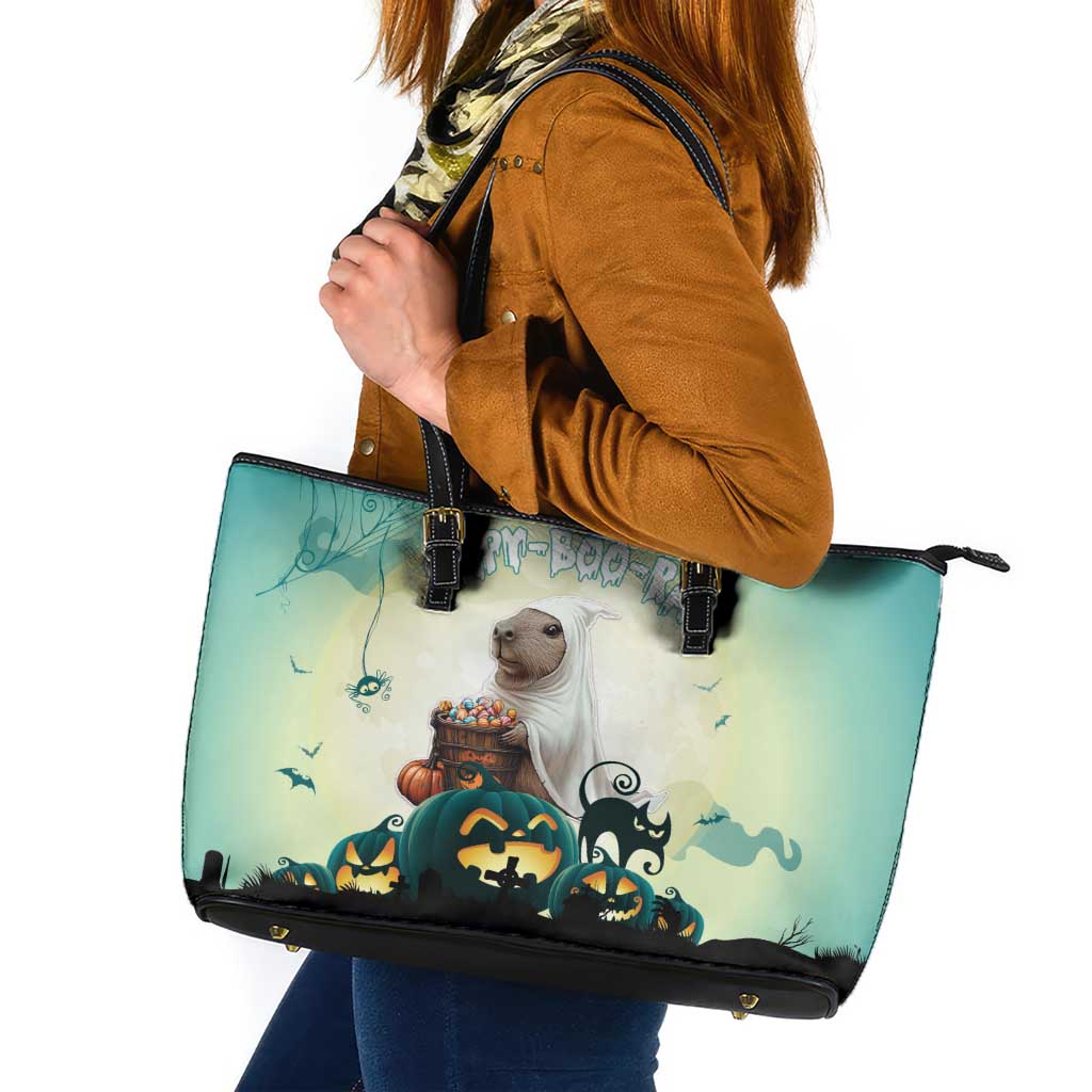 Capy-Boo-Ra Halloween Leather Tote Bag Spooky Halloween Night With Pumpkins - Wonder Print Shop