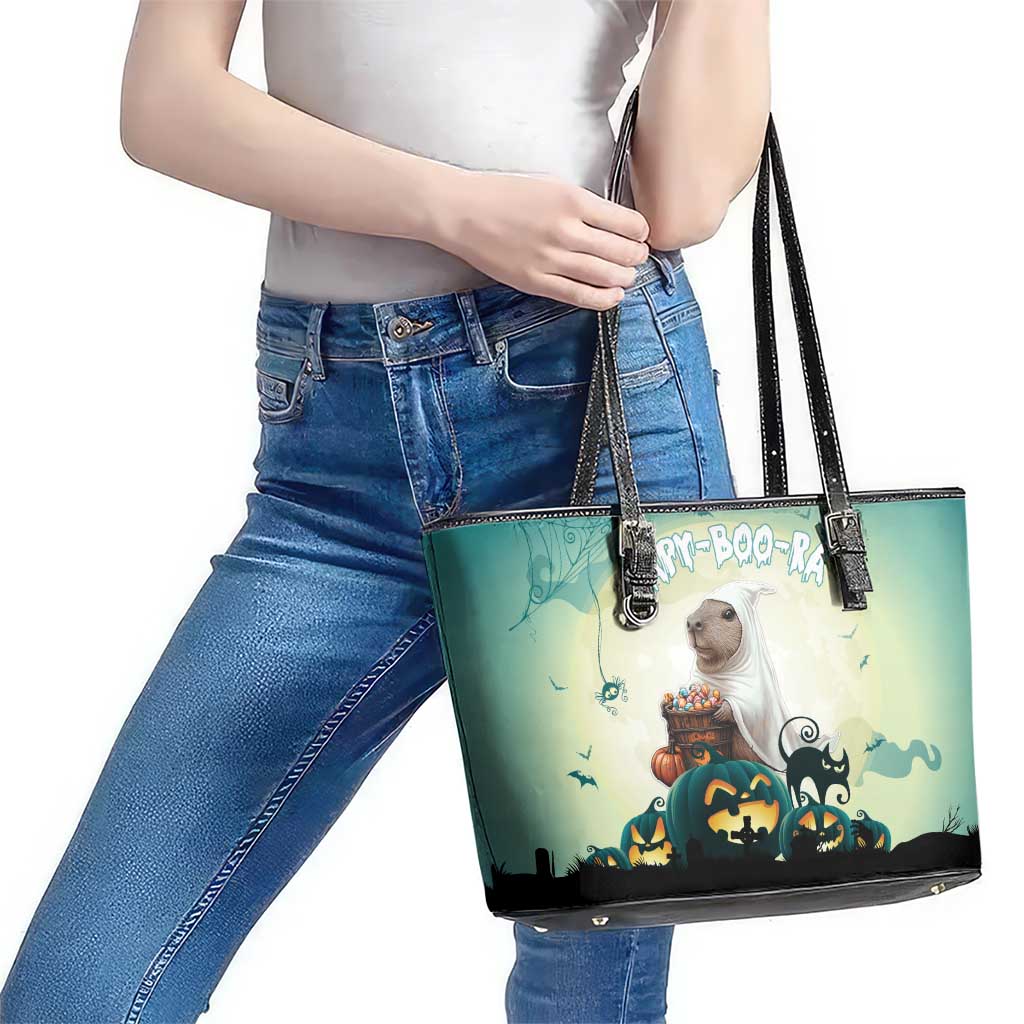Capy-Boo-Ra Halloween Leather Tote Bag Spooky Halloween Night With Pumpkins - Wonder Print Shop
