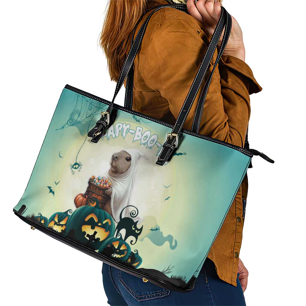 Capy-Boo-Ra Halloween Leather Tote Bag Spooky Halloween Night With Pumpkins - Wonder Print Shop