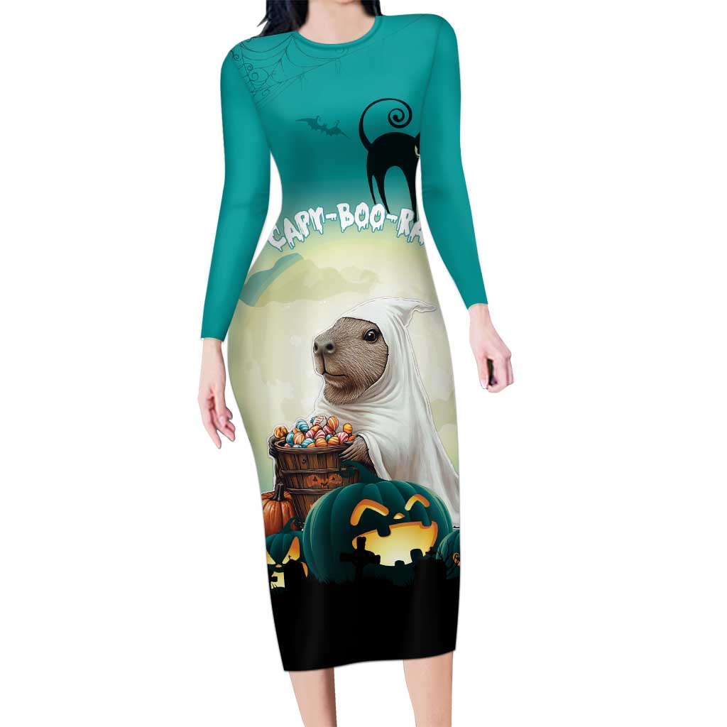 Capy-Boo-Ra Halloween Long Sleeve Bodycon Dress Spooky Halloween Night With Pumpkins - Wonder Print Shop