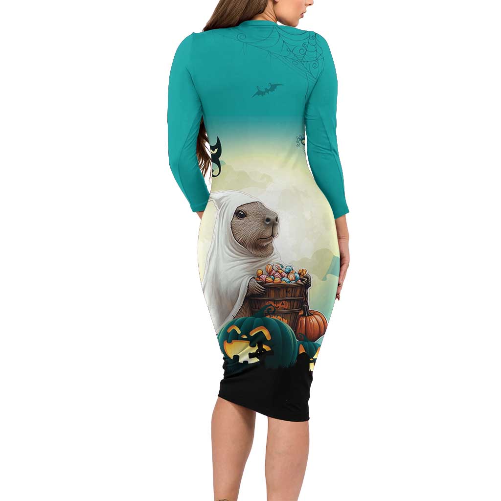 Capy-Boo-Ra Halloween Long Sleeve Bodycon Dress Spooky Halloween Night With Pumpkins - Wonder Print Shop