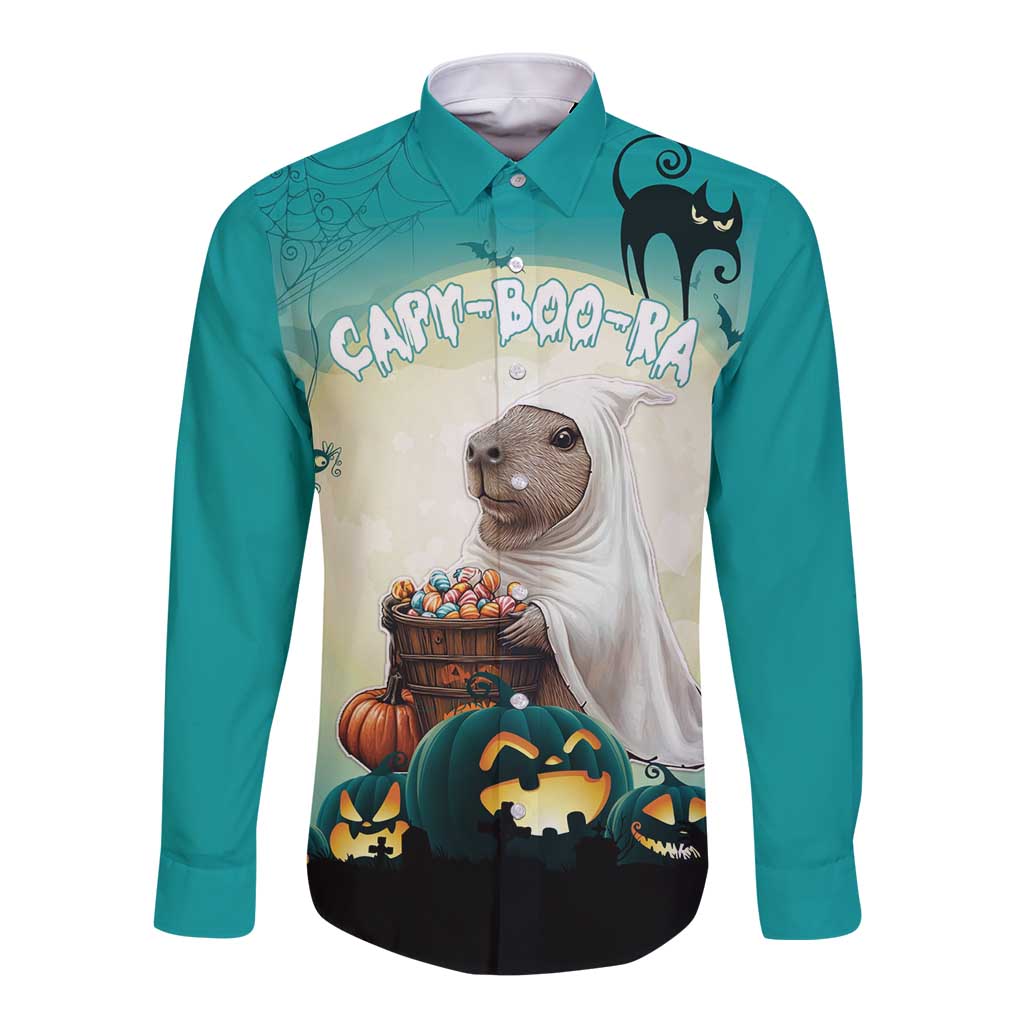 Capy-Boo-Ra Halloween Long Sleeve Button Shirt Spooky Halloween Night With Pumpkins - Wonder Print Shop