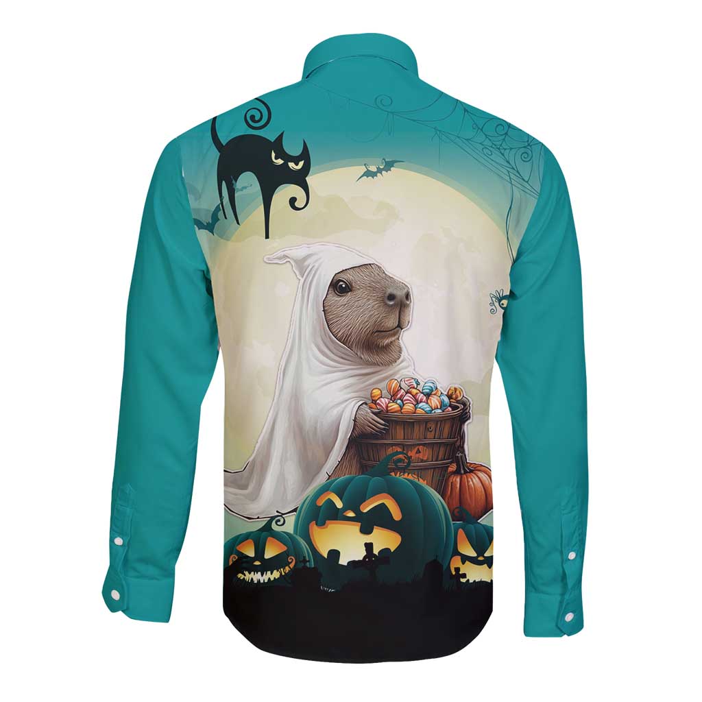 Capy-Boo-Ra Halloween Long Sleeve Button Shirt Spooky Halloween Night With Pumpkins - Wonder Print Shop