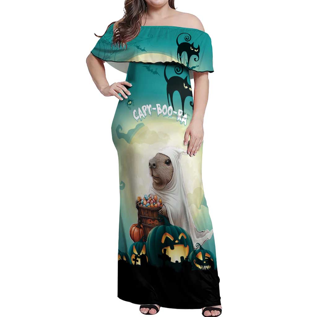 Capy-Boo-Ra Halloween Off Shoulder Maxi Dress Spooky Halloween Night With Pumpkins - Wonder Print Shop