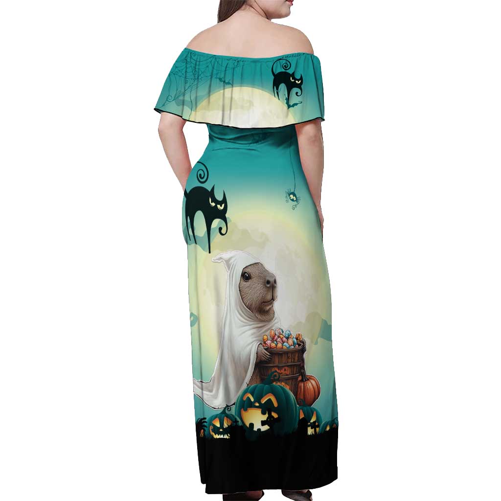 Capy-Boo-Ra Halloween Off Shoulder Maxi Dress Spooky Halloween Night With Pumpkins - Wonder Print Shop