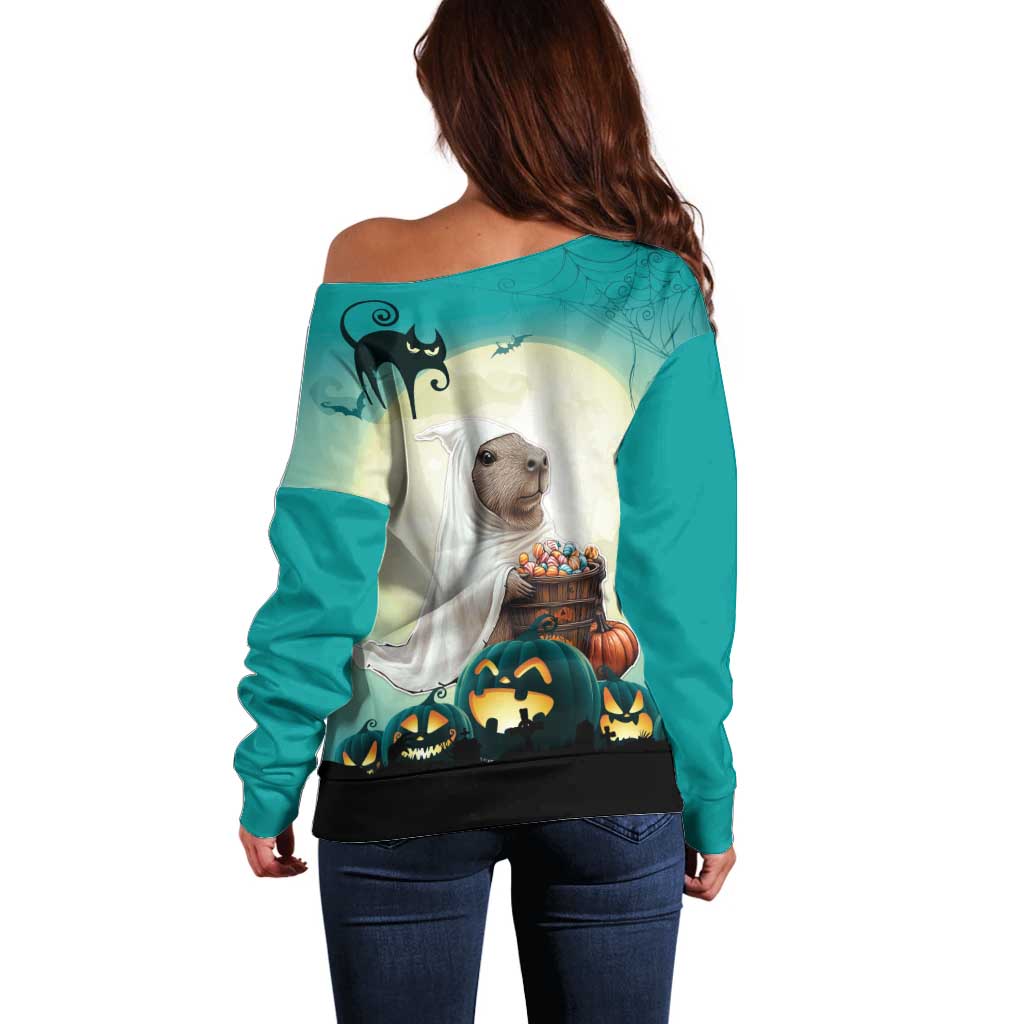 Capy-Boo-Ra Halloween Off Shoulder Sweater Spooky Halloween Night With Pumpkins - Wonder Print Shop