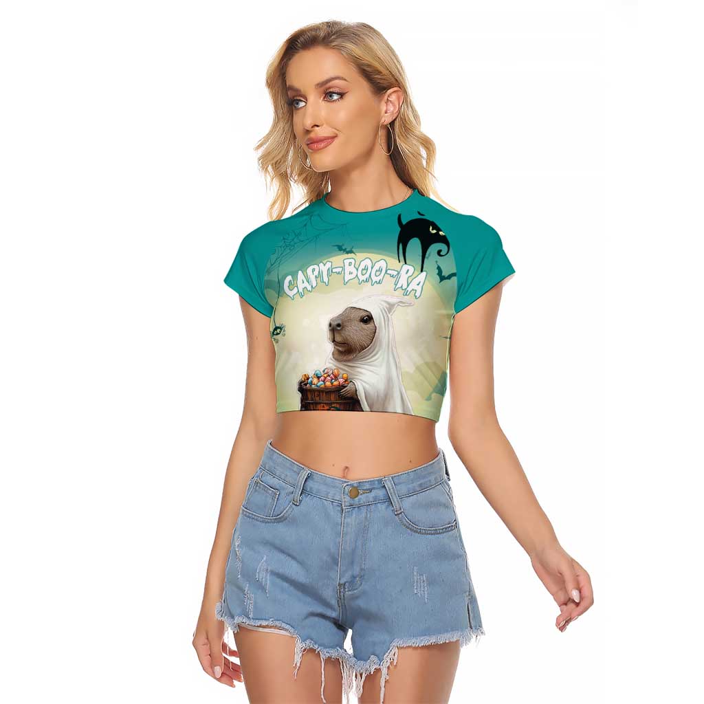 Capy-Boo-Ra Halloween Raglan Cropped T Shirt Spooky Halloween Night With Pumpkins - Wonder Print Shop