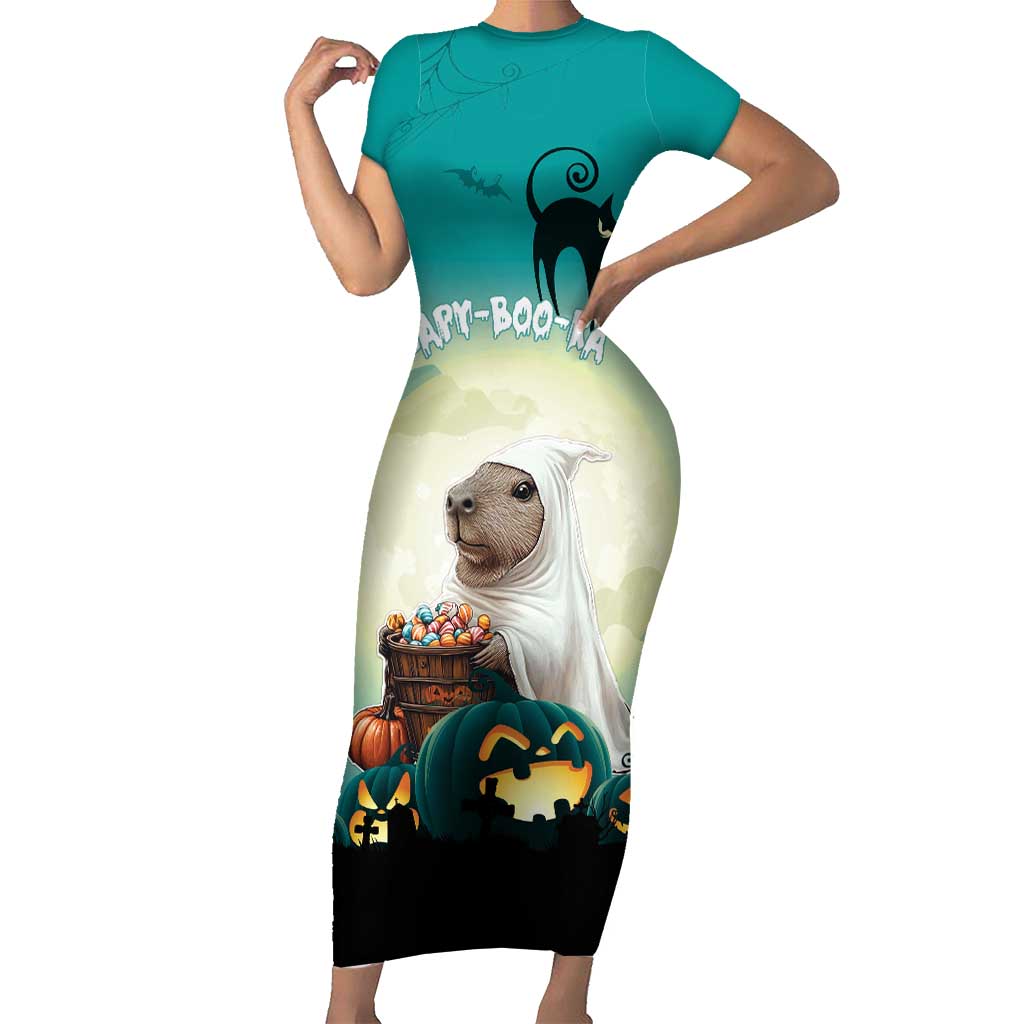 Capy-Boo-Ra Halloween Short Sleeve Bodycon Dress Spooky Halloween Night With Pumpkins - Wonder Print Shop