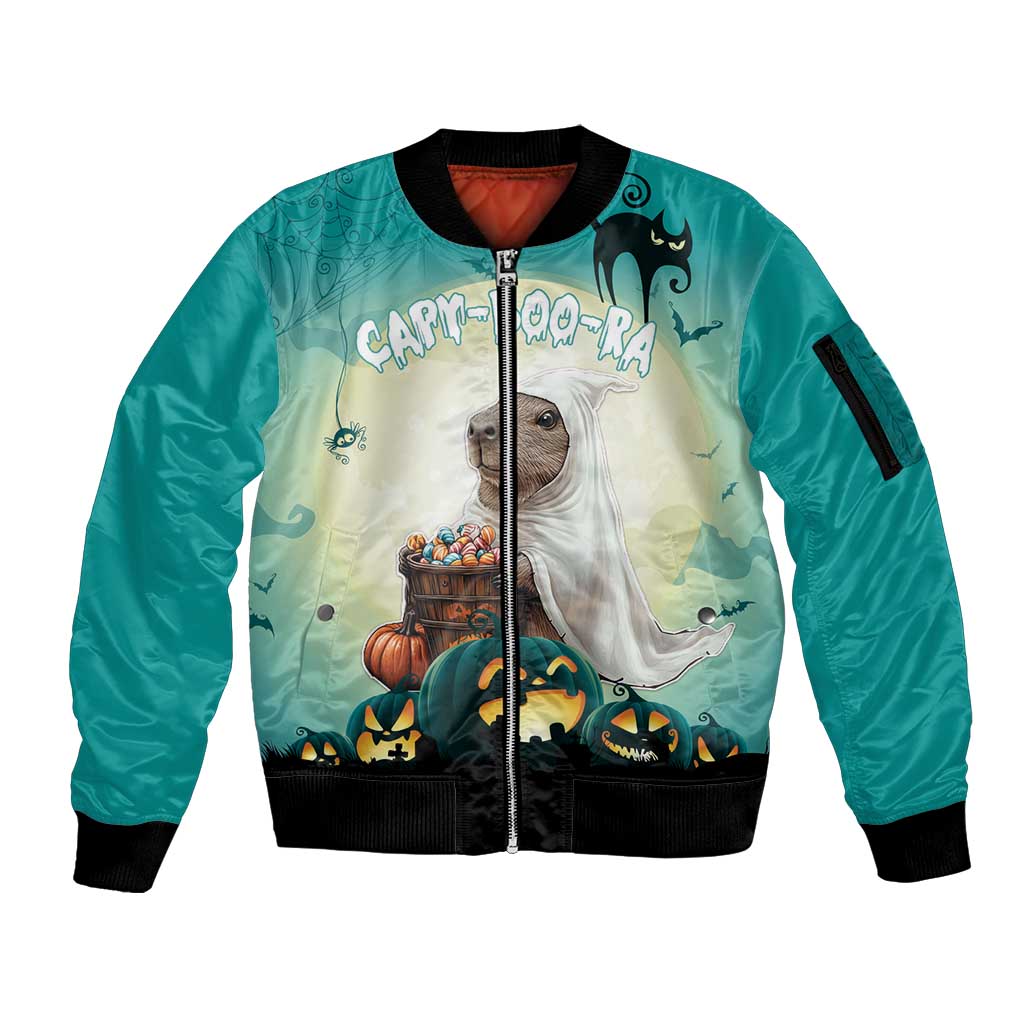 Capy-Boo-Ra Halloween Sleeve Zip Bomber Jacket Spooky Halloween Night With Pumpkins - Wonder Print Shop
