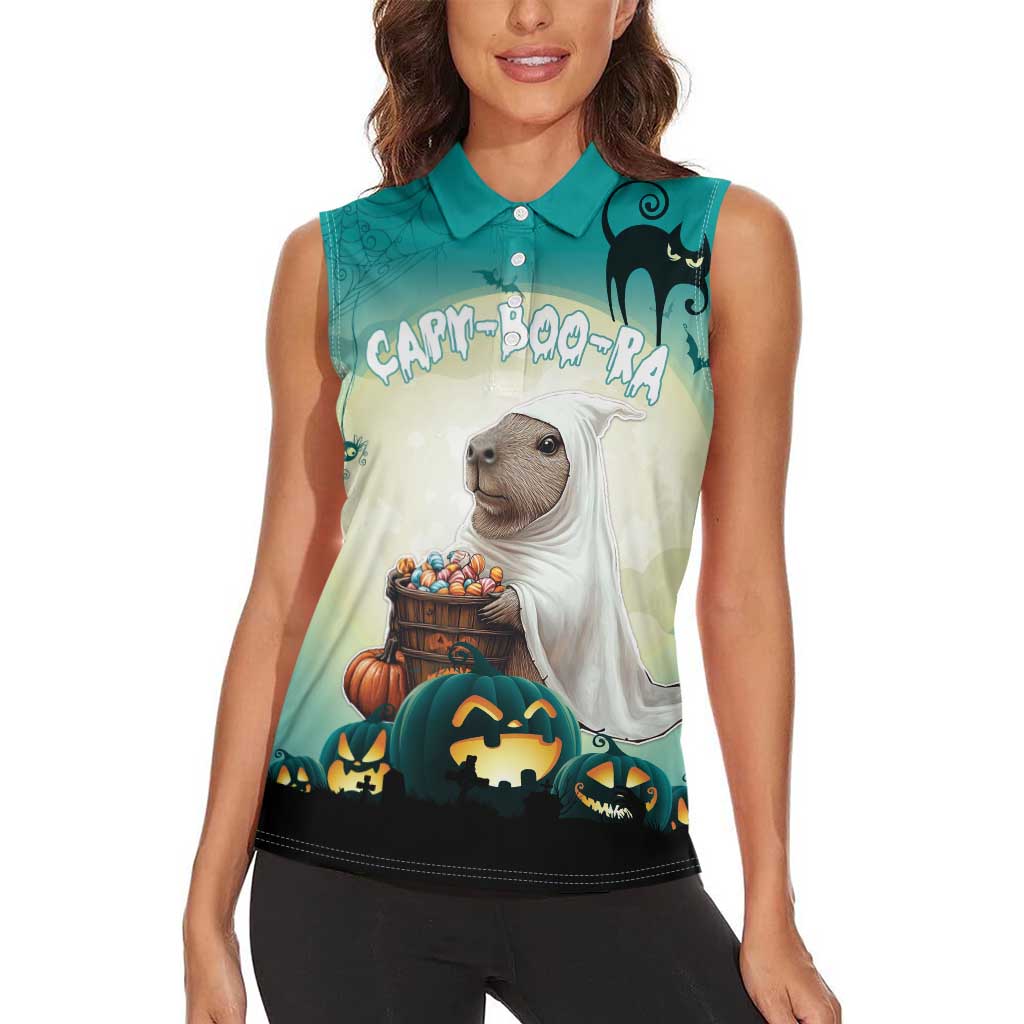 Capy-Boo-Ra Halloween Women Sleeveless Polo Shirt Spooky Halloween Night With Pumpkins - Wonder Print Shop