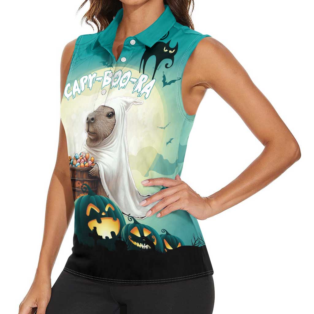 Capy-Boo-Ra Halloween Women Sleeveless Polo Shirt Spooky Halloween Night With Pumpkins - Wonder Print Shop