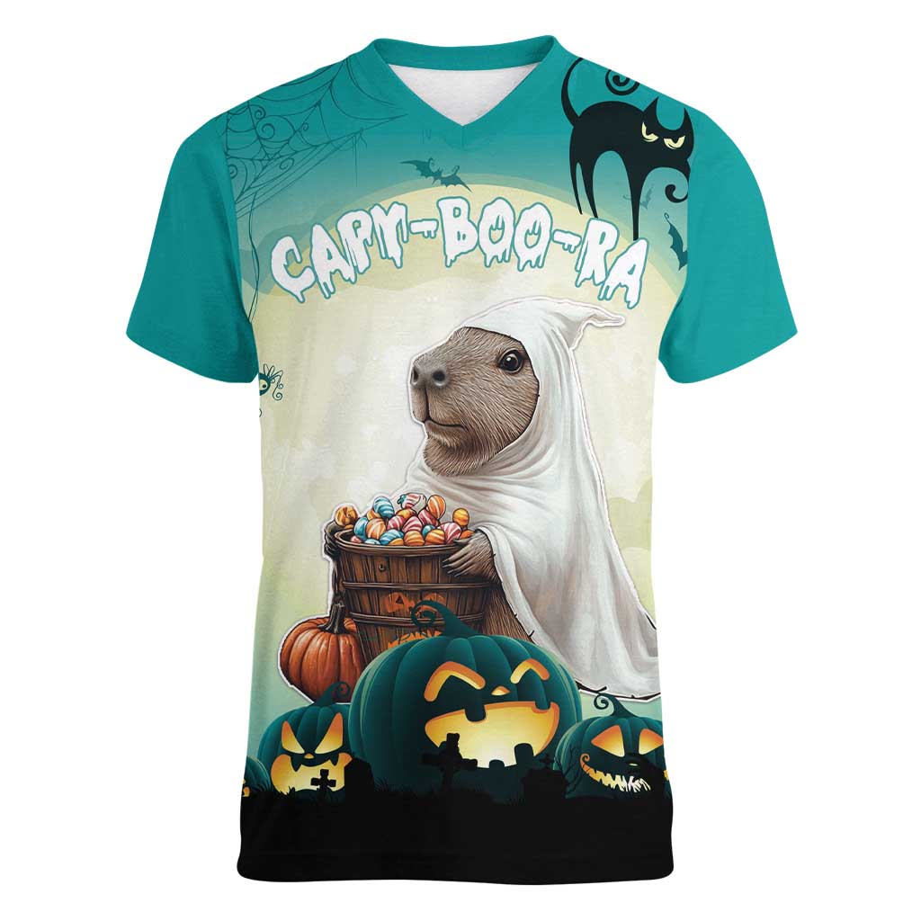 Capy-Boo-Ra Halloween Women V-Neck T-Shirt Spooky Halloween Night With Pumpkins - Wonder Print Shop