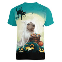 Capy-Boo-Ra Halloween Women V-Neck T-Shirt Spooky Halloween Night With Pumpkins - Wonder Print Shop