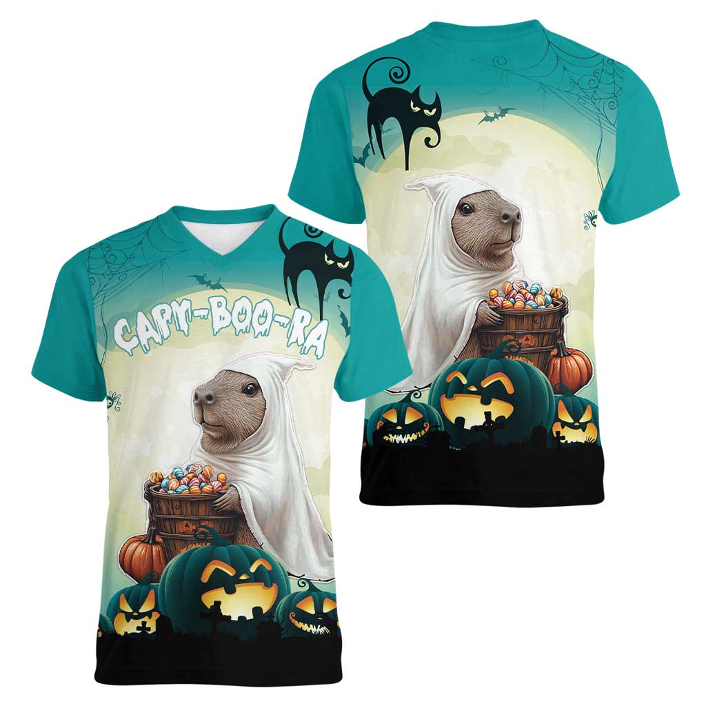 Capy-Boo-Ra Halloween Women V-Neck T-Shirt Spooky Halloween Night With Pumpkins - Wonder Print Shop