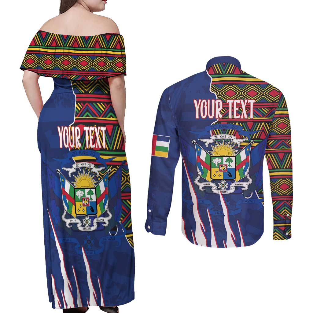 Personalized Central African Republic Since 1958 Couples Matching Off Shoulder Maxi Dress and Long Sleeve Button Shirt Coat Of Arms With Kente Pattern - Wonder Print Shop