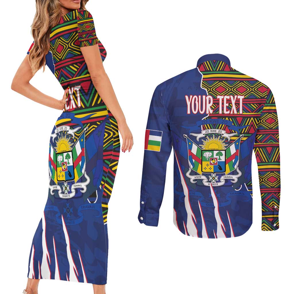 Personalized Central African Republic Since 1958 Couples Matching Short Sleeve Bodycon Dress and Long Sleeve Button Shirt Coat Of Arms With Kente Pattern - Wonder Print Shop