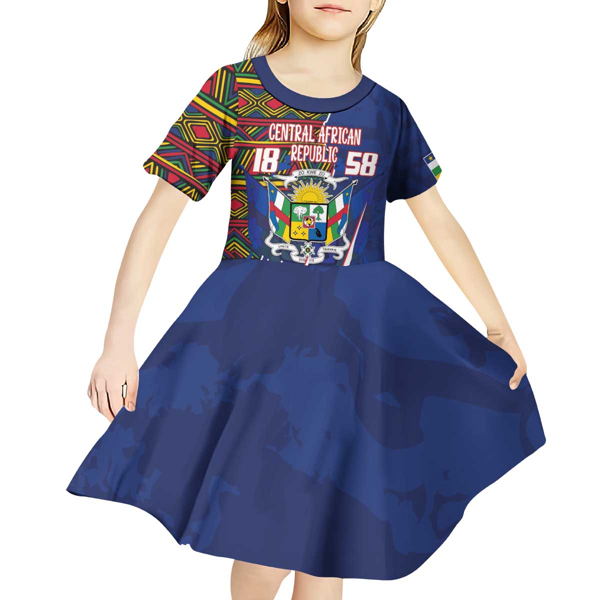 Personalized Central African Republic Since 1958 Kid Short Sleeve Dress Coat Of Arms With Kente Pattern - Wonder Print Shop