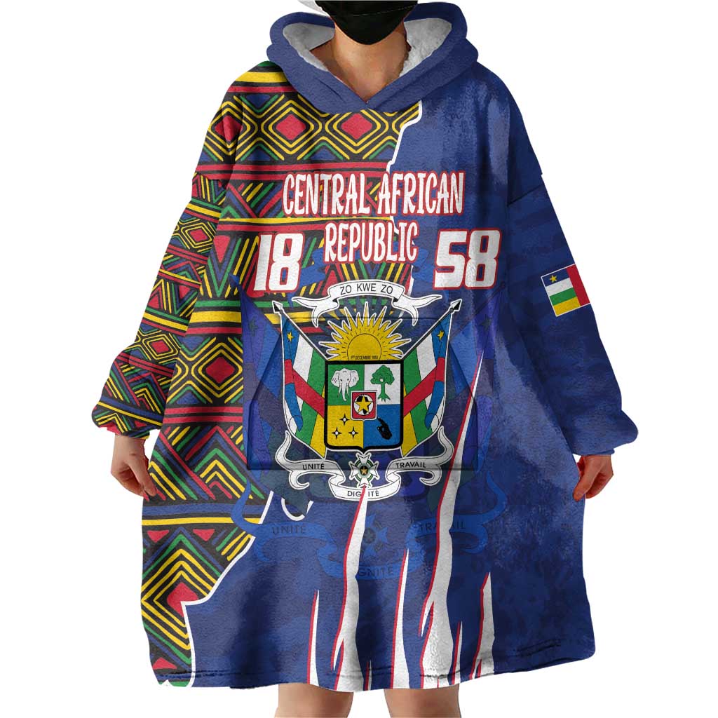 Personalized Central African Republic Since 1958 Wearable Blanket Hoodie Coat Of Arms With Kente Pattern - Wonder Print Shop