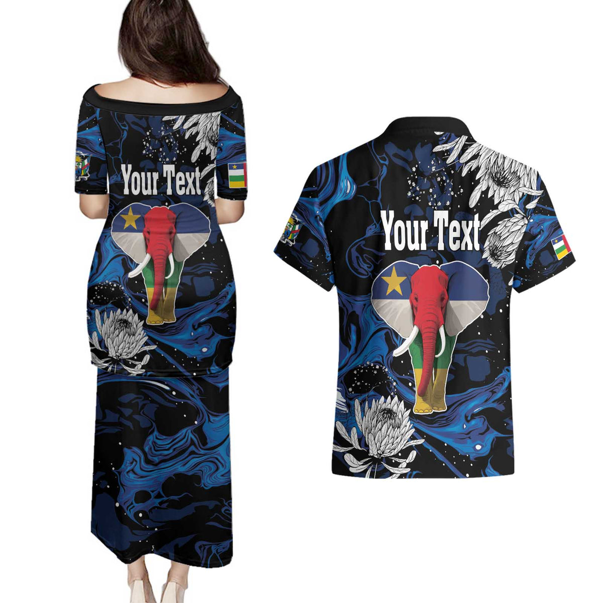 Personalized Central African Republic Elephant Couples Matching Puletasi and Hawaiian Shirt King Protea - Abstract Style - Wonder Print Shop