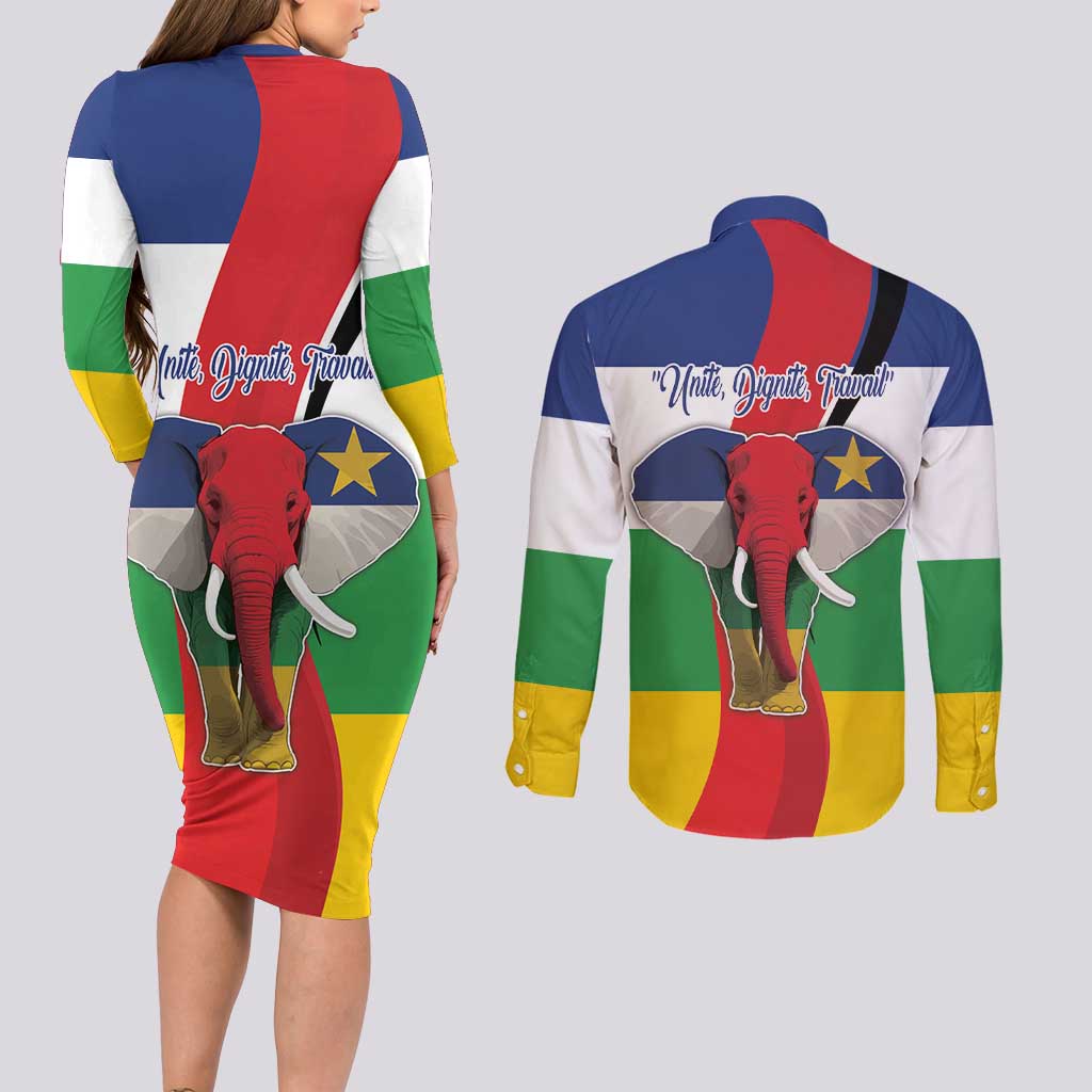 Central African Republic Republic Day 1958 Couples Matching Long Sleeve Bodycon Dress and Long Sleeve Button Shirt Unite, Dignite, Travail - Flag Style - Wonder Print Shop