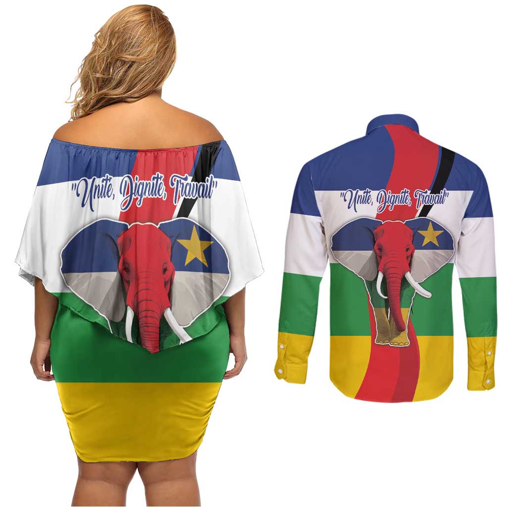 Central African Republic Republic Day 1958 Couples Matching Off Shoulder Short Dress and Long Sleeve Button Shirt Unite, Dignite, Travail - Flag Style - Wonder Print Shop