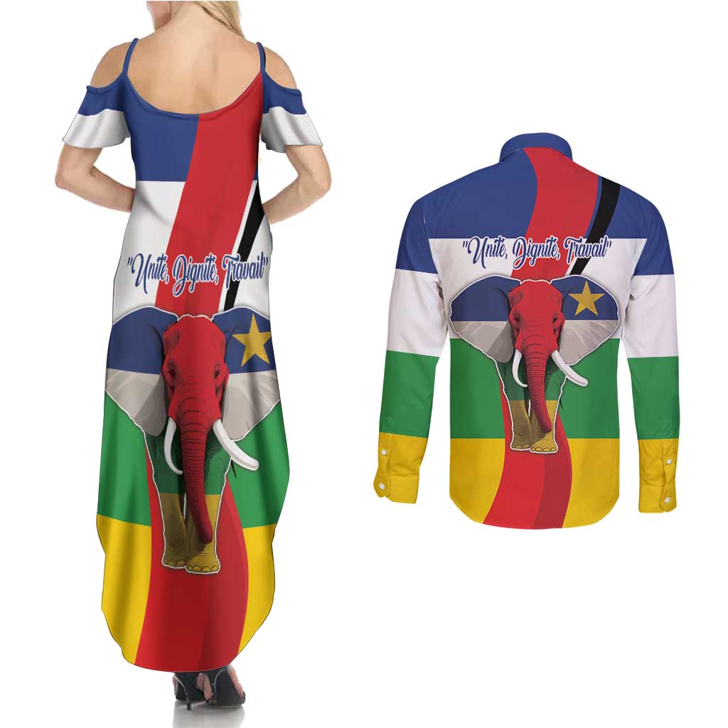 Central African Republic Republic Day 1958 Couples Matching Summer Maxi Dress and Long Sleeve Button Shirt Unite, Dignite, Travail - Flag Style - Wonder Print Shop