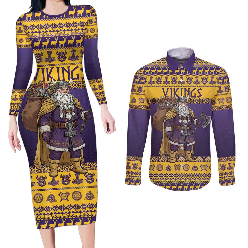 Merry Christmas from Vikingnations Couples Matching Long Sleeve Bodycon Dress and Long Sleeve Button Shirt Valhalla-La Santa - Wonder Print Shop