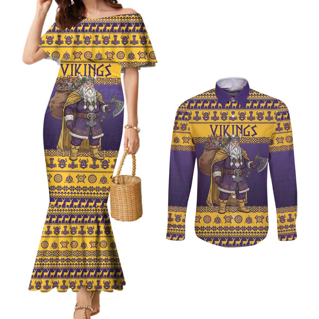 Merry Christmas from Vikingnations Couples Matching Mermaid Dress and Long Sleeve Button Shirt Valhalla-La Santa - Wonder Print Shop
