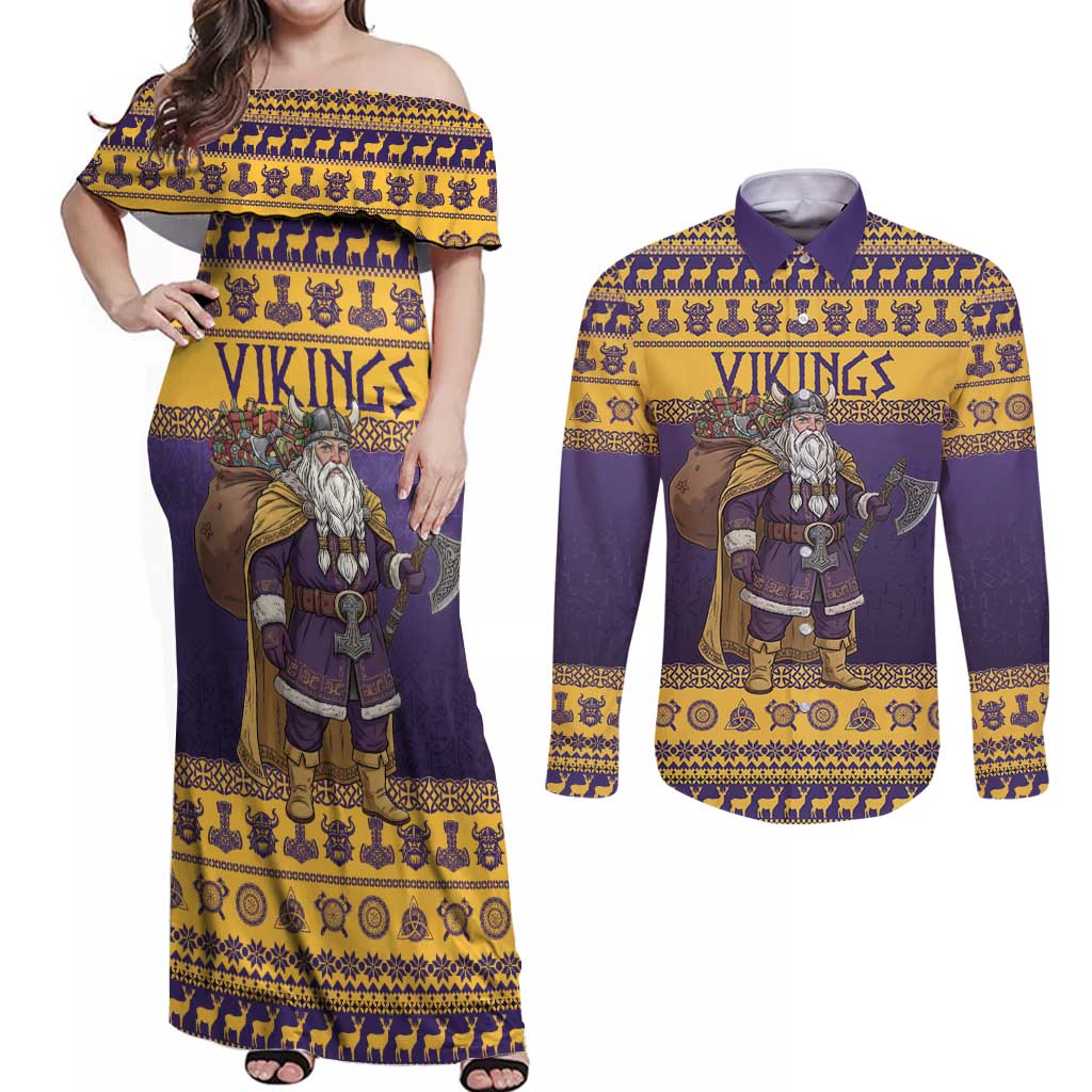 Merry Christmas from Vikingnations Couples Matching Off Shoulder Maxi Dress and Long Sleeve Button Shirt Valhalla-La Santa - Wonder Print Shop